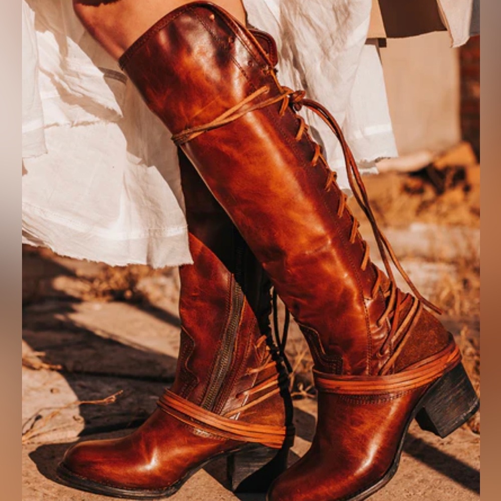 Freebird Coal Tall Boot in cognac. In excellent condition with original box.